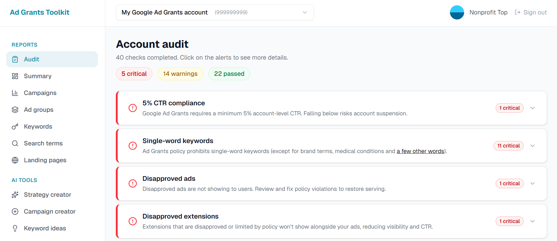 Ad Grants Toolkit dashboard screenshot